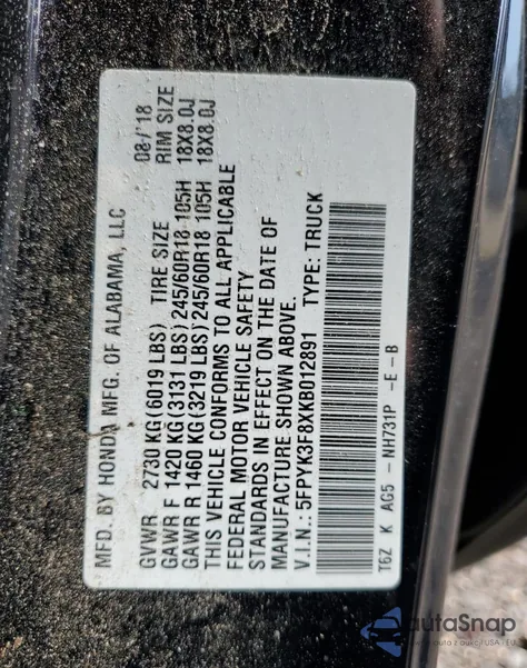 2019 Honda Ridgeline Black Edition z USA, uszkodzony, nr VIN 5FPYK3F8XKB012891